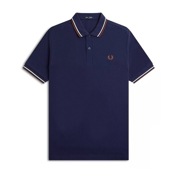 Fred Perry Men's Short Sleeve M3600 Twin Tipped Polo Shirt French Navy/Ecru/Brwn - Picture 1 of 7